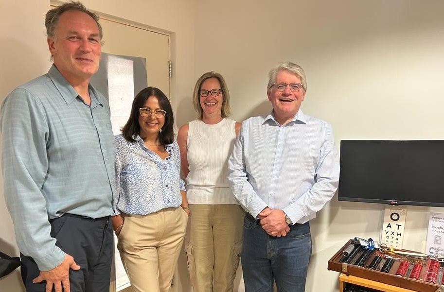 From left: Birmingham VCHP volunteer optometrist Frank Eperjesi, Liz Shepherd, Stepper's business development manager, VCHP clinic manager Claire Wier and Peter Reeve, MD of Stepper Eyewear